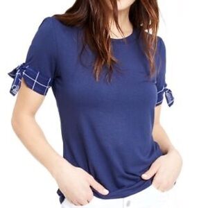 Maison Jules Blue Tie-Sleeve Knit Windowpane Trim Top